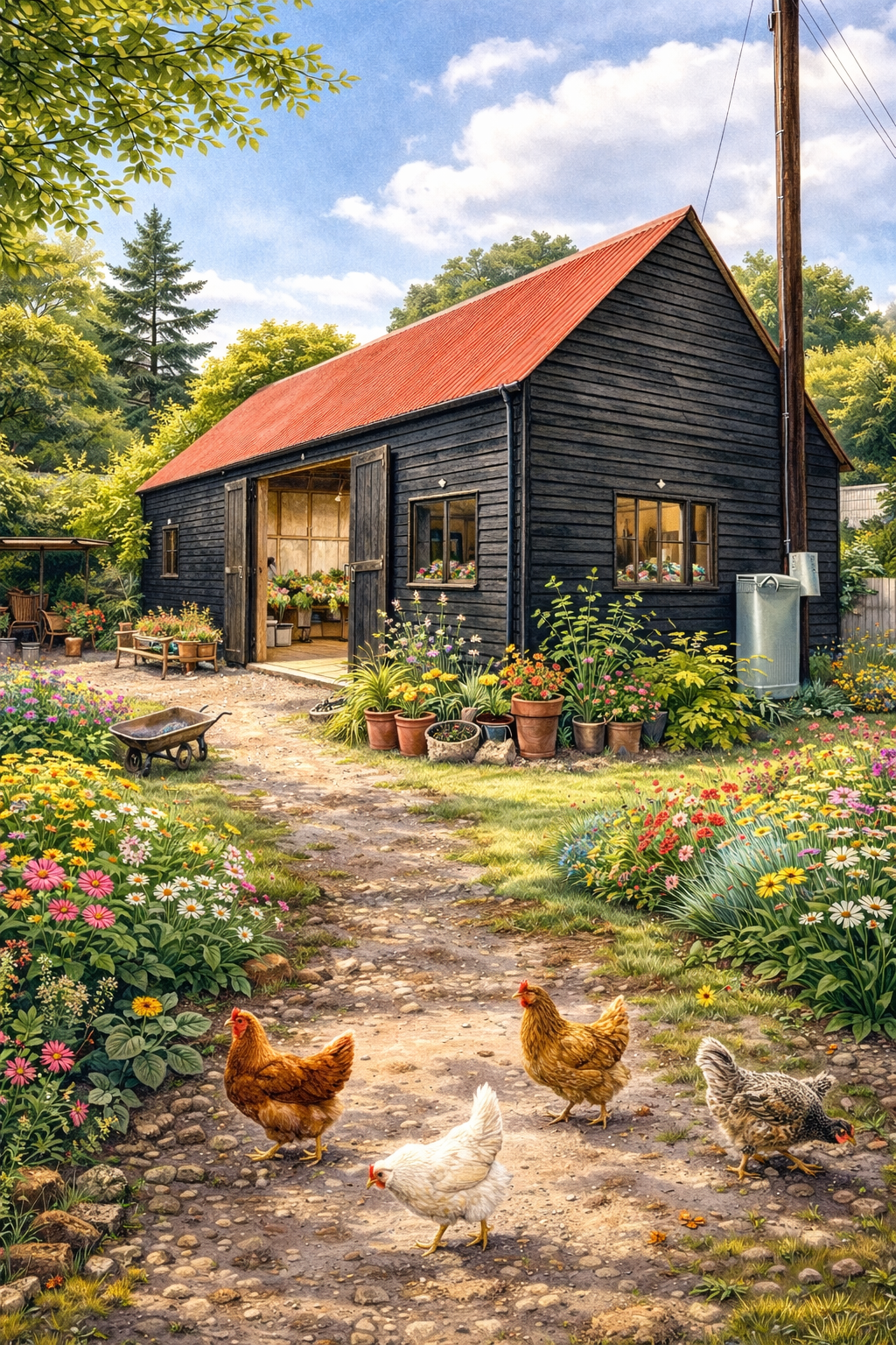 Illustrated Devon flower farm barn with floristry studio, seasonal flower beds, rainwater system and free-roaming chickens in Drewsteignton