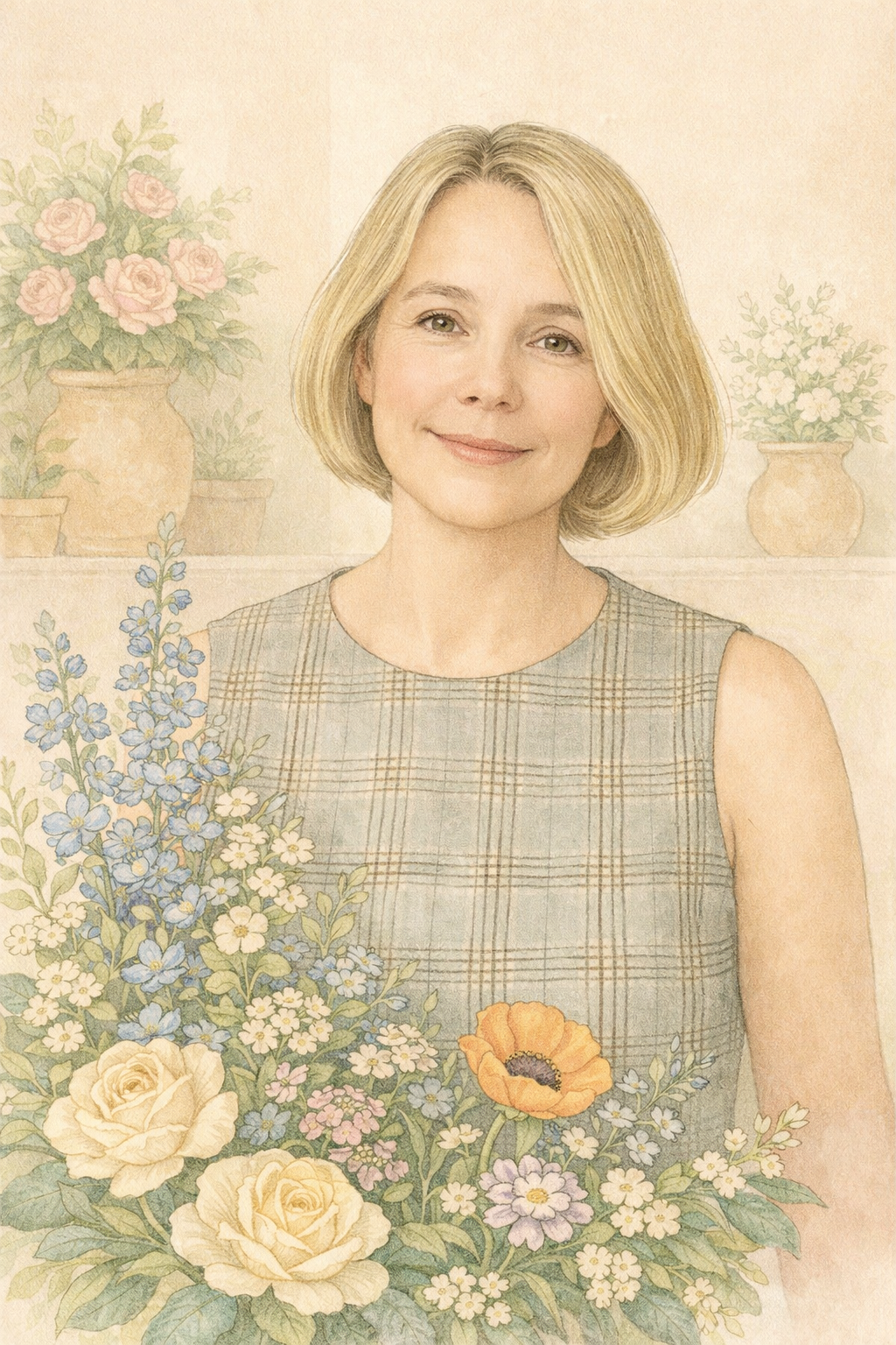 Woman with flowers and a plaid dress in a warm-toned setting