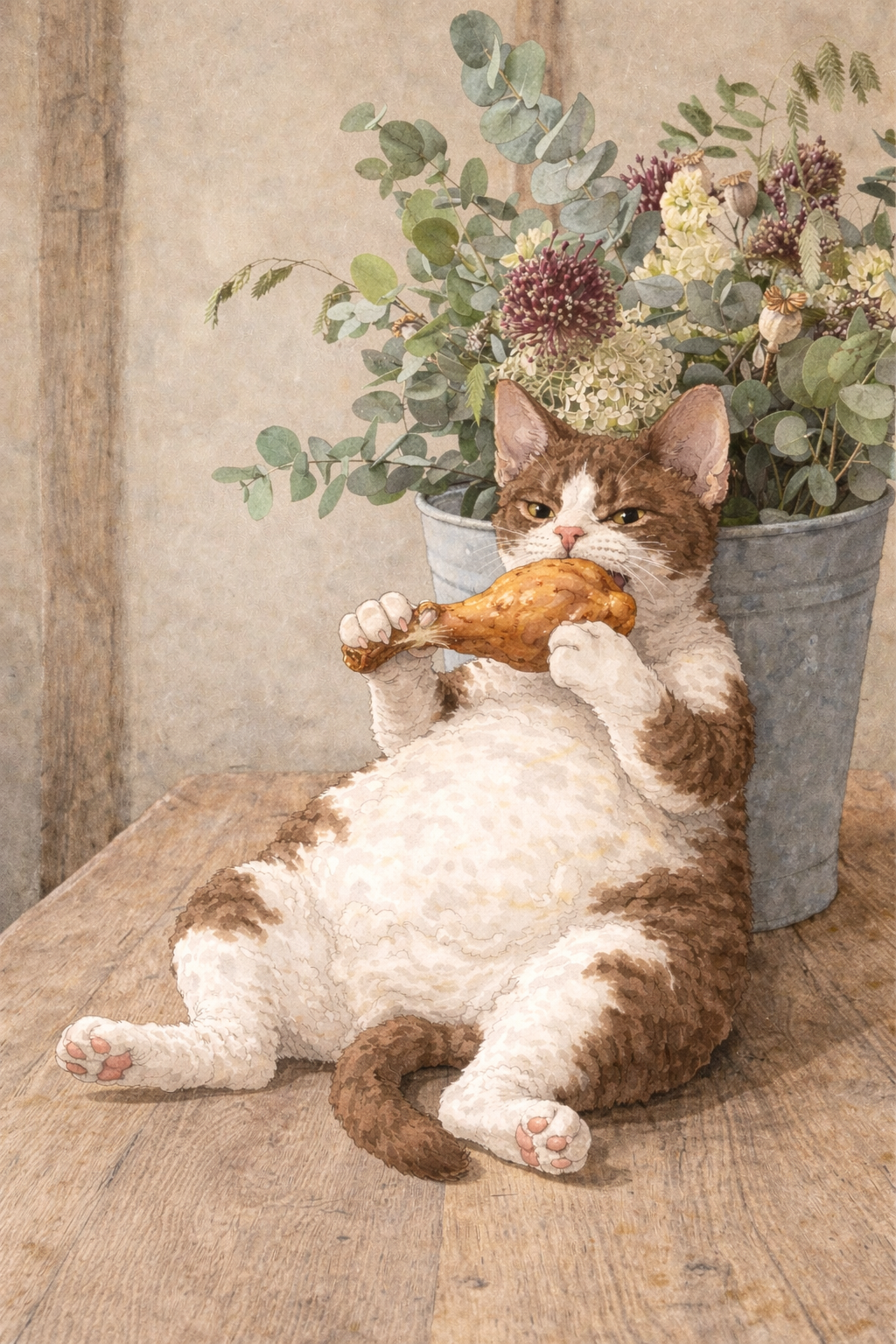 Cat holding a bone in its paw with flowers in the background