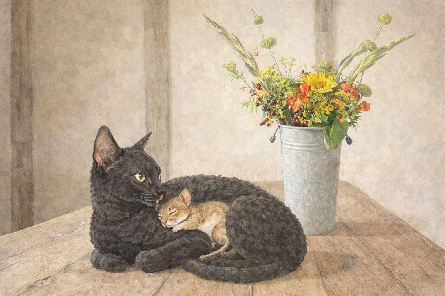 Two cats sitting together on a wooden surface with a bucket of flowers in the background.