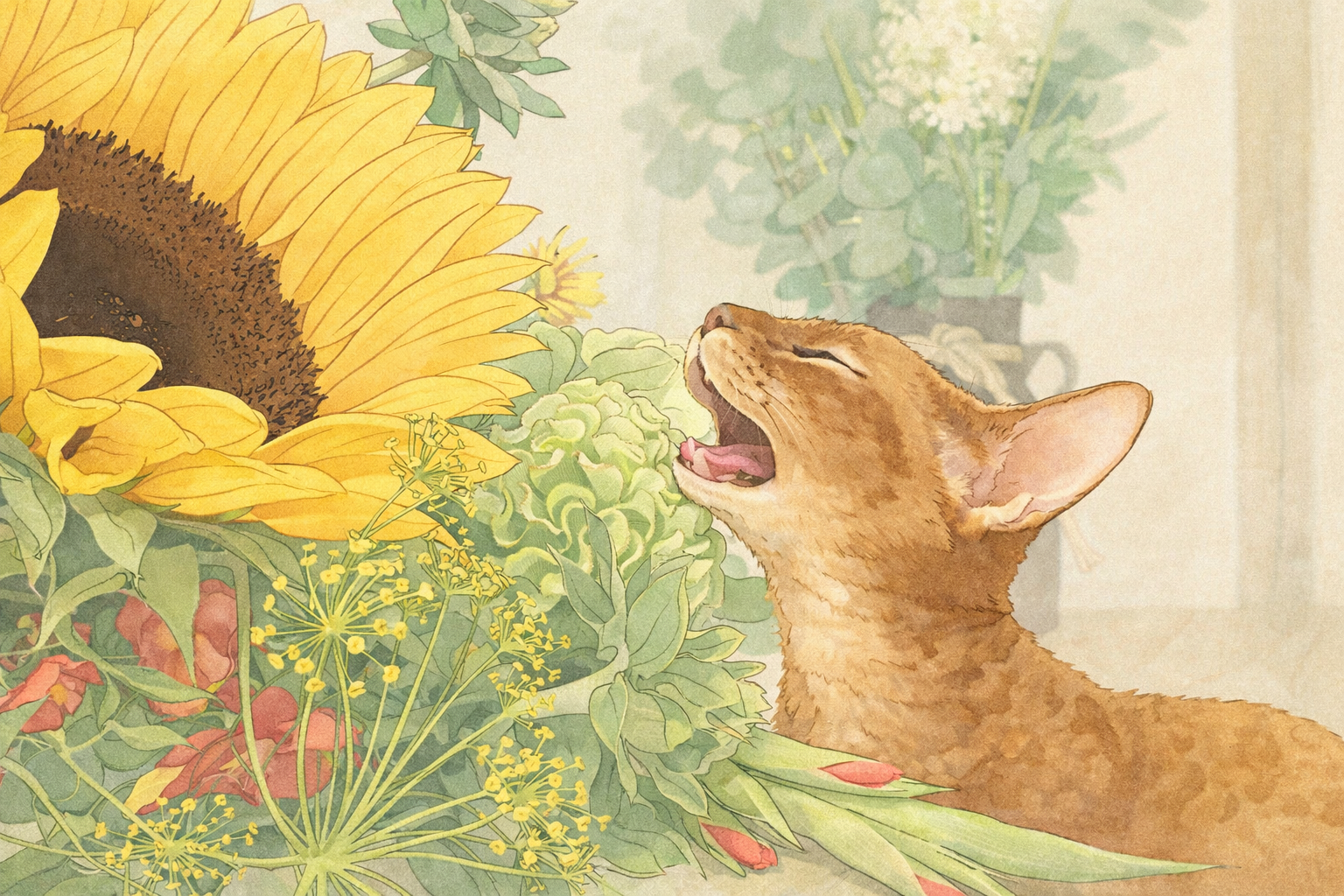 Illustration of a cat yawning next to a sunflower and other plants on a textured beige background