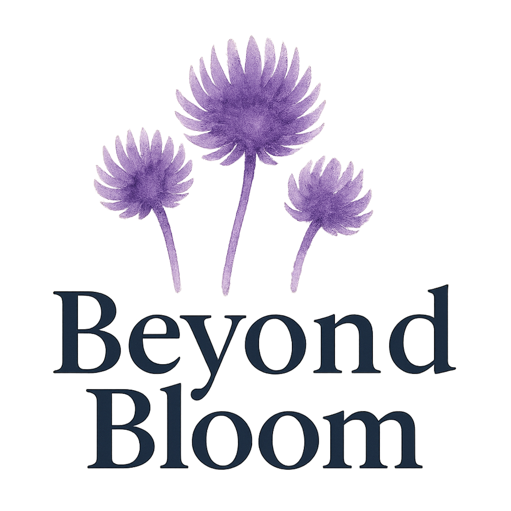 Logo with purple floral illustrations and 'Beyond Bloom' text on a white background
