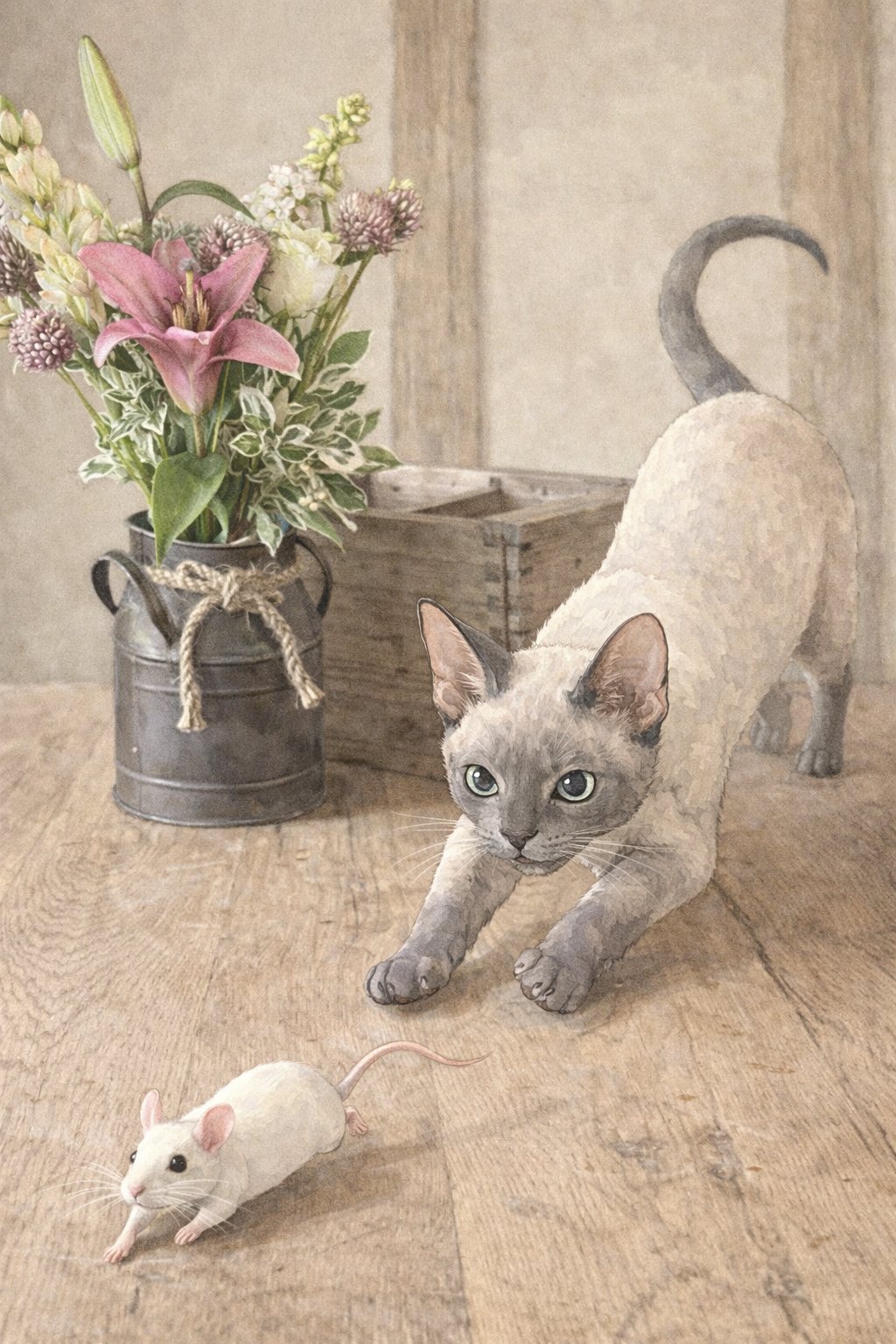 Cat playing with a toy mouse on a wooden floor with flowers in the background