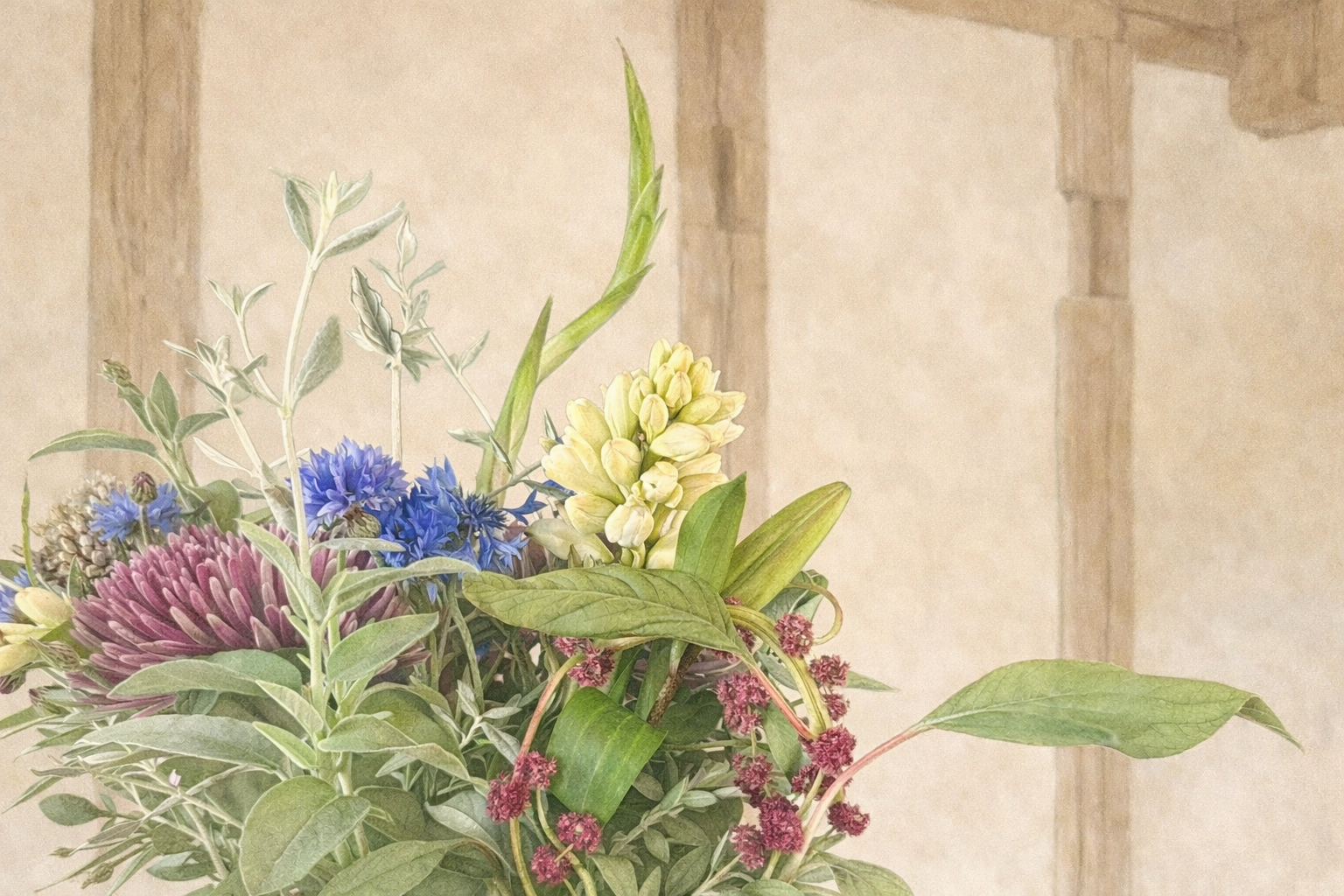 Arrangement of various flowers with a wooden panel background
