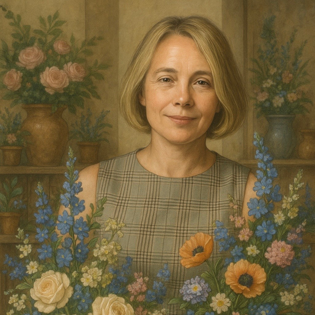 Woman with flowers and shelves in the background
