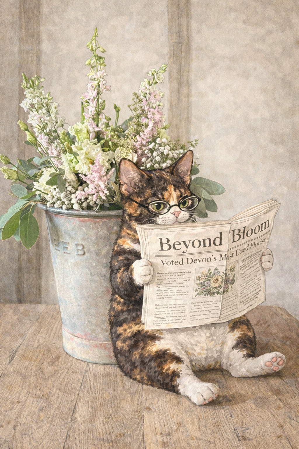 Cat wearing glasses and reading a newspaper next to a flower arrangement in a metal bucket.