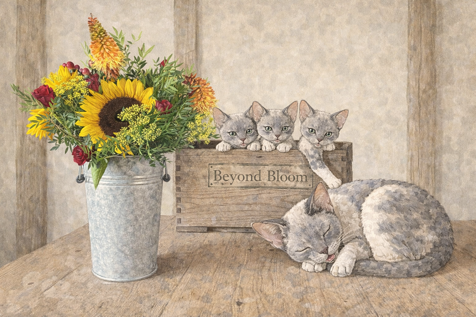 Three cats peeking from behind a wooden box labeled 'Beyond Bloom' with a bucket of sunflowers on a wooden surface.
