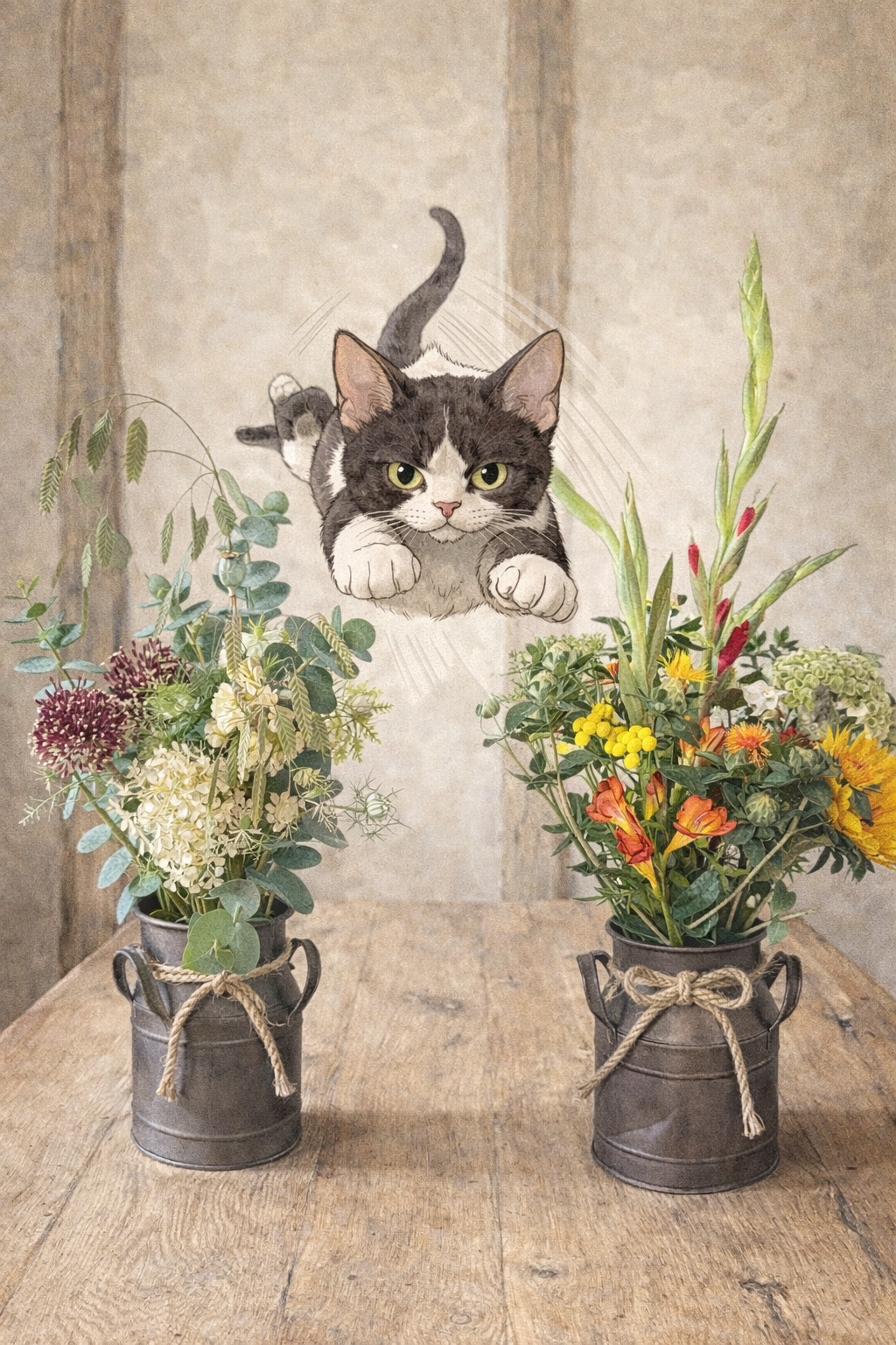Cat peeking over a table with two flower pots on a rustic wooden surface.