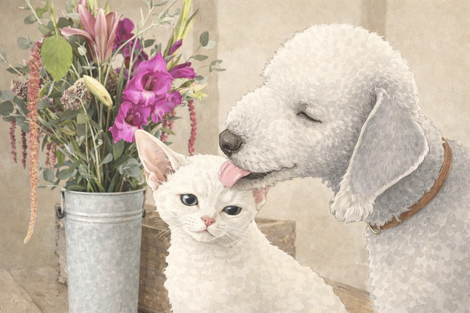 White dog and cat sitting together with a floral arrangement in the background