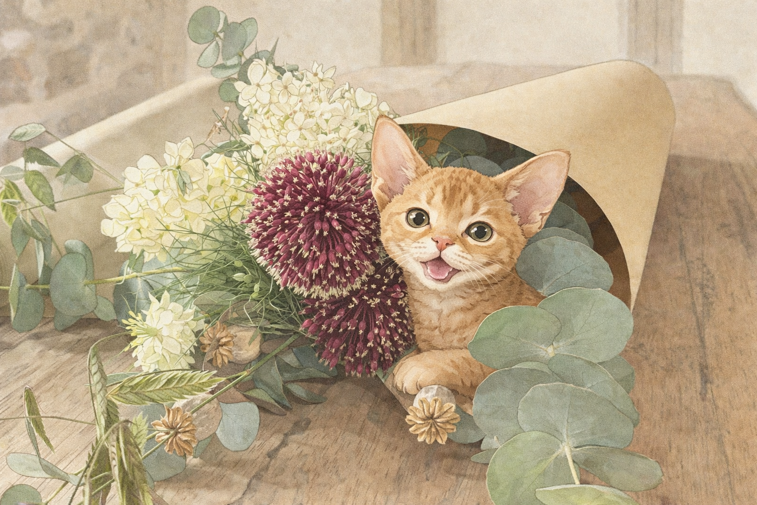 Cat peeking out from a cone surrounded by flowers and greenery on a wooden surface.