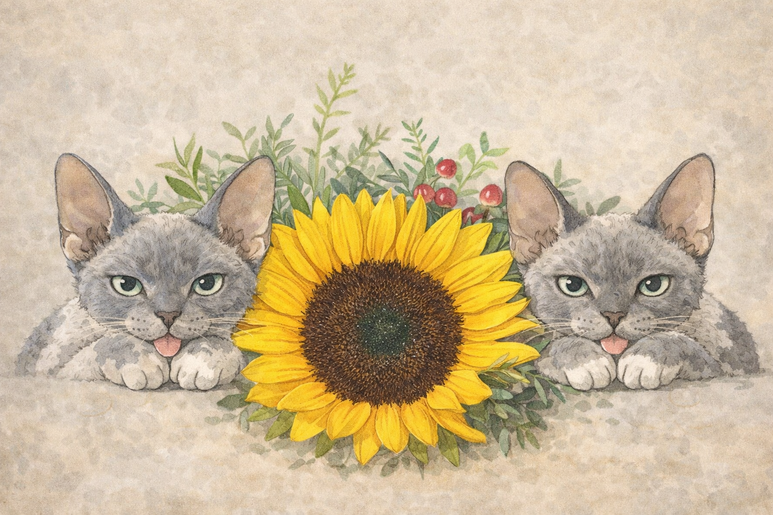 Two gray cats with a sunflower and floral arrangement on a textured background