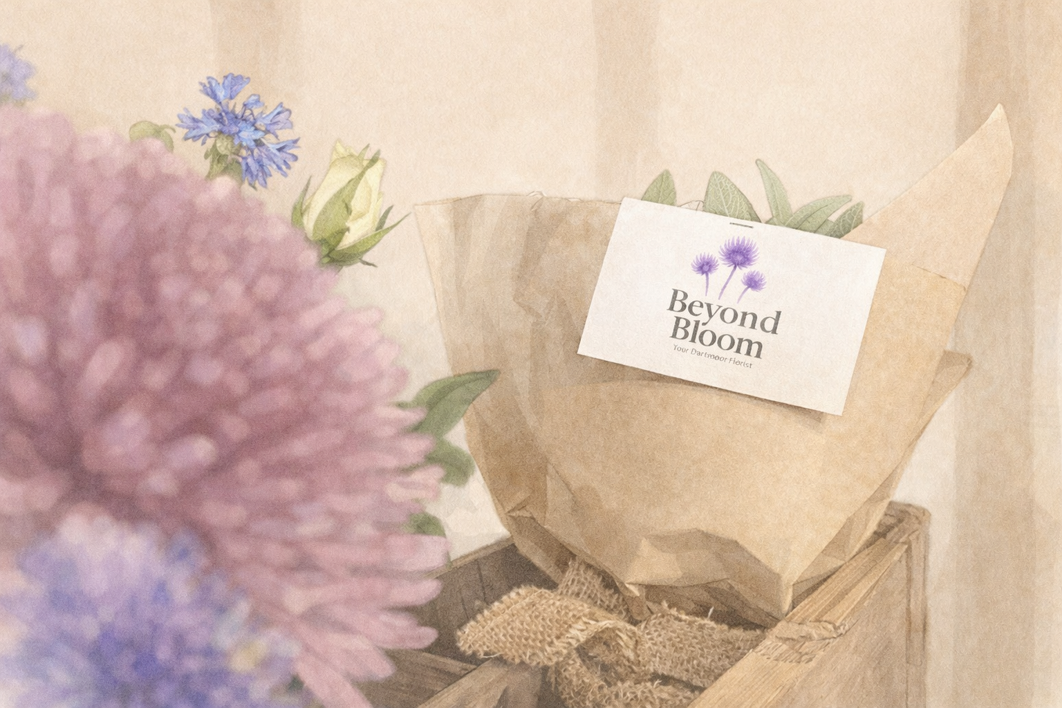 Eco wrapped flower bunch in wooden box