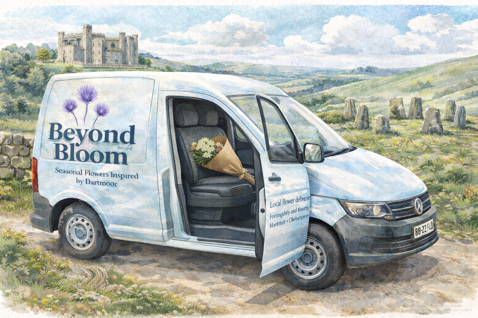 Van with 'Beyond Bloom' branding in a scenic Dartmoor landscape
