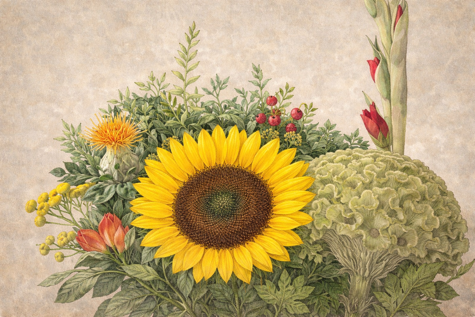 Vintage-style illustration of a sunflower and other flowers on a textured beige background