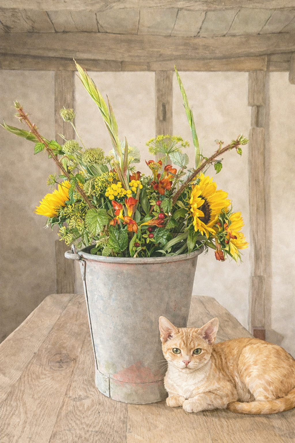 Cat sitting next to a metal bucket filled with flowers on a wooden floor.